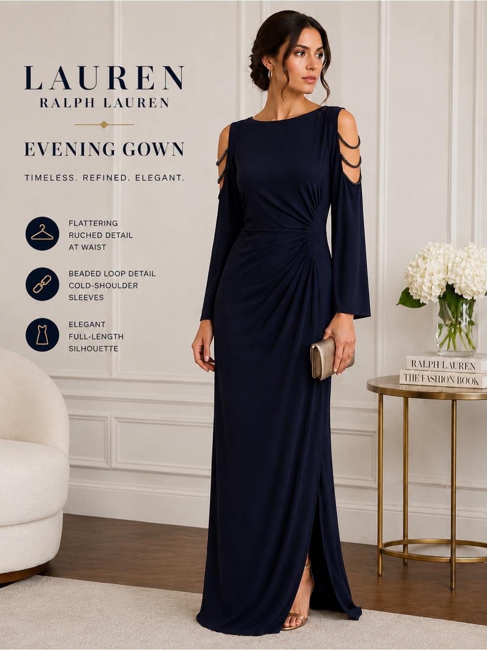 Lauren Ralph Lauren Navy Cold-Shoulder Draped Column Ruched Evening Gown Size 6